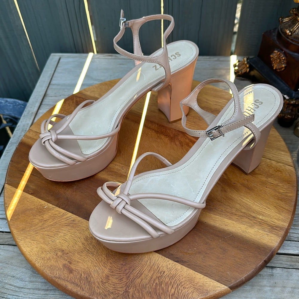 Schutz | Kelsie Platform Strappy Sandals Beige Block Heels 11B
